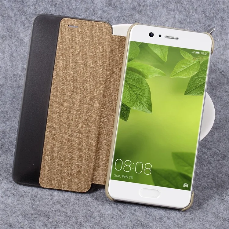 For Huawei P10 Cloth Skin Side View Window Leather Smart Case Cover - Brown