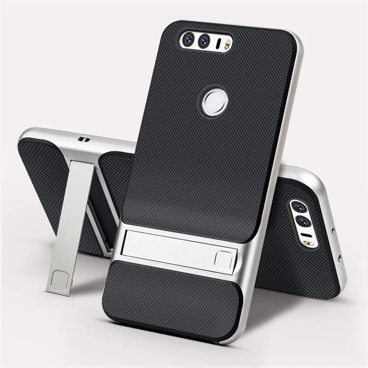 For Huawei Honor 8 ELEGANCE Grid Pattern TPU + PC Hybrid Cover with Kickstand - Silver