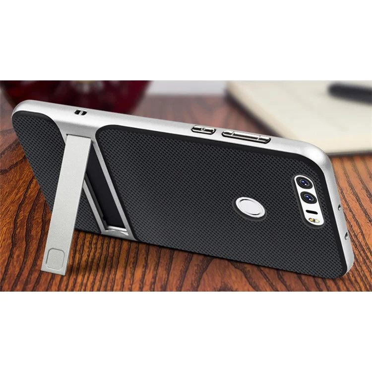 For Huawei Honor 8 ELEGANCE Grid Pattern TPU + PC Hybrid Cover with Kickstand - Silver