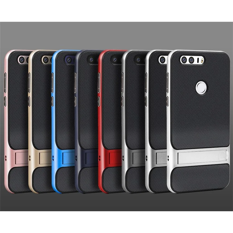 For Huawei Honor 8 ELEGANCE Grid Pattern TPU + PC Hybrid Cover with Kickstand - Silver