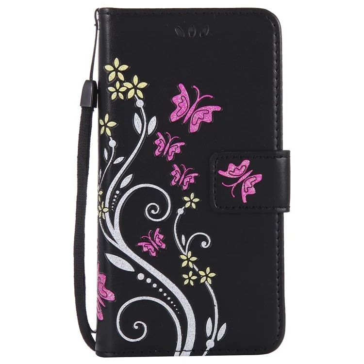 Glittery Powder Imprint Butterfly Flower Leather Wallet Case for Huawei P10 - Black