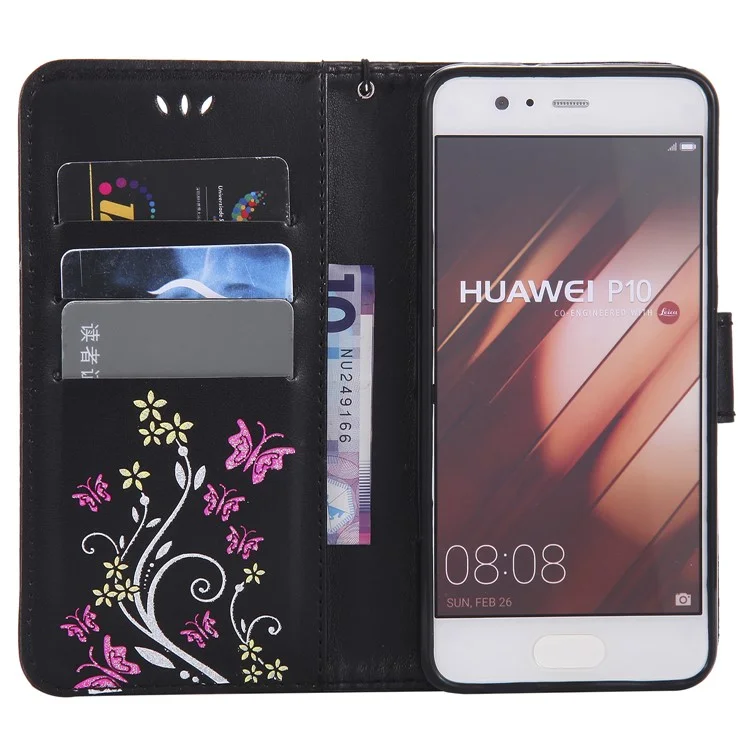 Glittery Powder Imprint Butterfly Flower Leather Wallet Case for Huawei P10 - Black