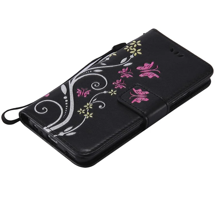 Glittery Powder Imprint Butterfly Flower Leather Wallet Case for Huawei P10 - Black