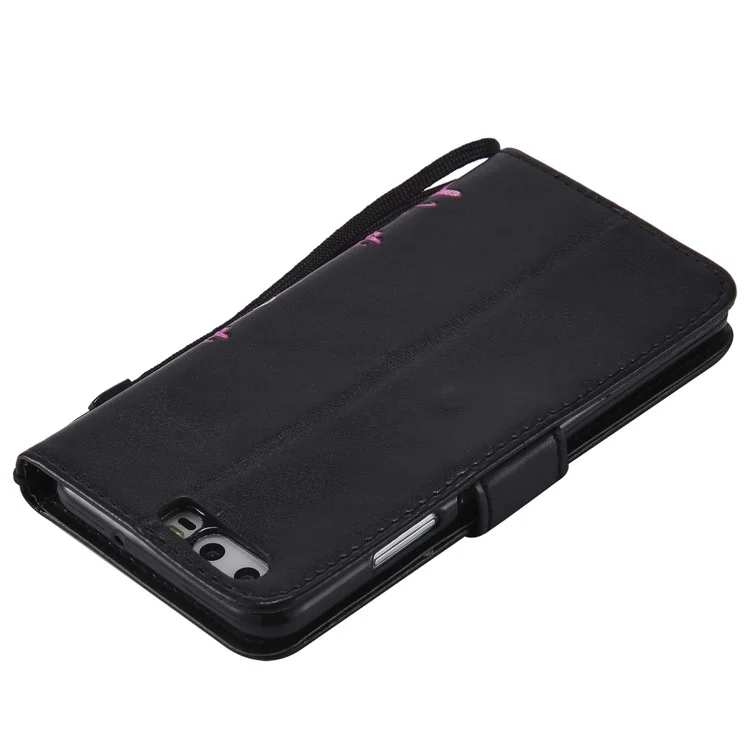 Glittery Powder Imprint Butterfly Flower Leather Wallet Case for Huawei P10 - Black