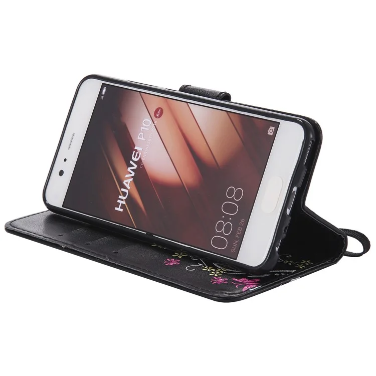 Glittery Powder Imprint Butterfly Flower Leather Wallet Case for Huawei P10 - Black
