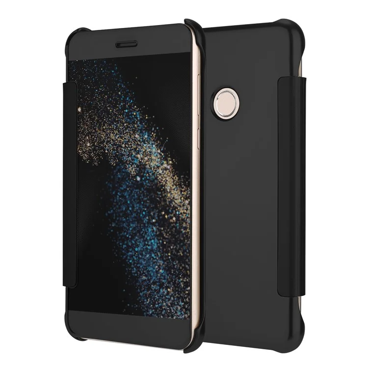 Plating Mirror Surface PC Leather Smart Cell Phone Case for Huawei P8 Lite (2017) - Black