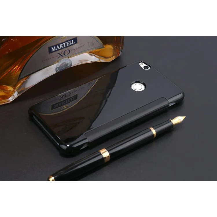 Plating Mirror Surface PC Leather Smart Cell Phone Case for Huawei P8 Lite (2017) - Black