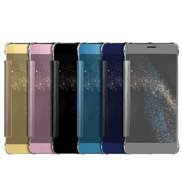 Plating Mirror Surface PC Leather Smart Cell Phone Case for Huawei P8 Lite (2017) - Black