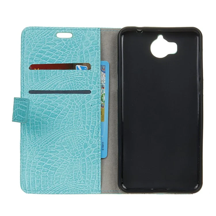 Crocodile Texture Leather Wallet Mobile Phone Case Accessory for Huawei Y5 (2017) / Y6 (2017) - Cyan