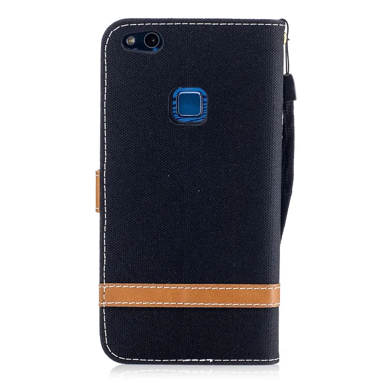 Two-tone Jean Cloth PU Leather Stand Phone Case Cover for Huawei P10 Lite - Black