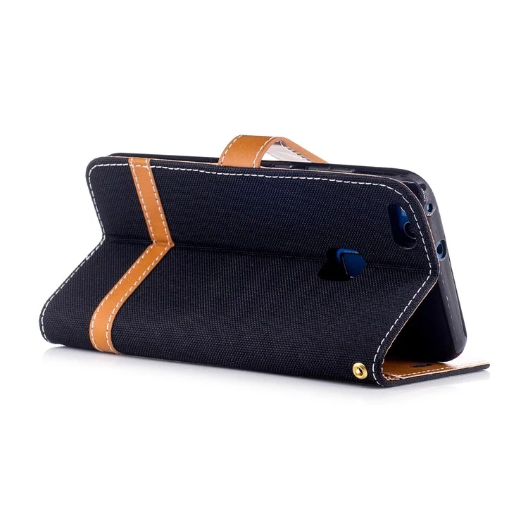 Two-tone Jean Cloth PU Leather Stand Phone Case Cover for Huawei P10 Lite - Black