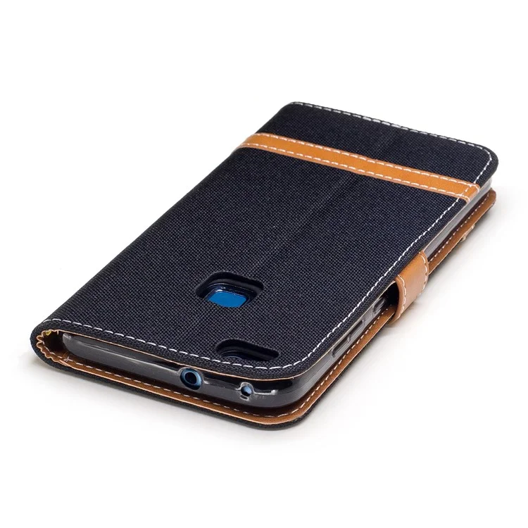 Two-tone Jean Cloth PU Leather Stand Phone Case Cover for Huawei P10 Lite - Black