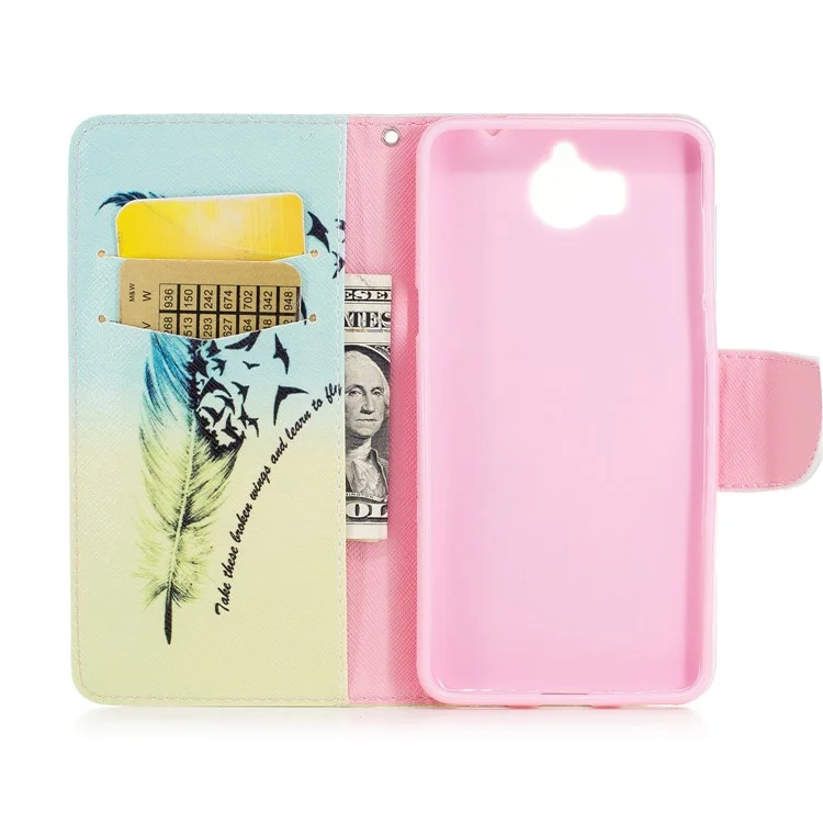 Pattern Printing Wallet Leather Stand Case for Huawei Y5 (2017) / Y6 (2017) - Feather Pattern