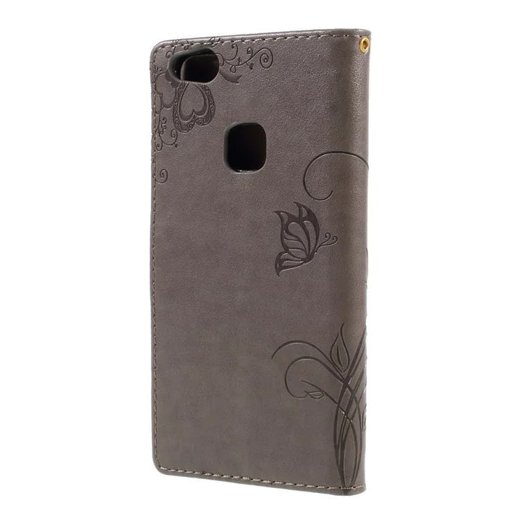 Imprint Butterfly & Flower Leather Wallet Casing for Huawei P10 Lite - Grey
