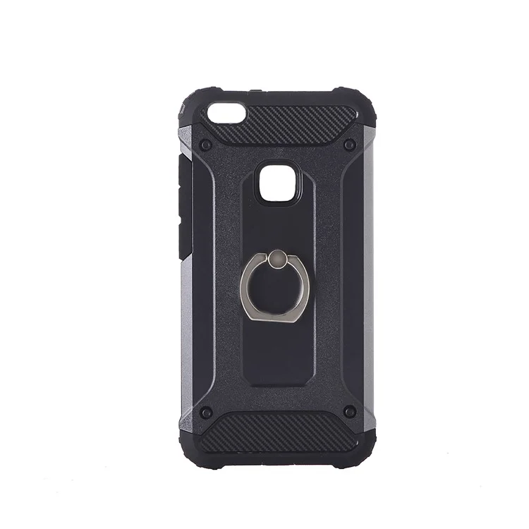 For Huawei P10 Lite Armor Guard TPU + PC Hybrid Back Case with Finger Ring Holder - Black