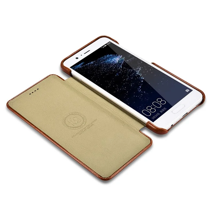 ICARER Curved Edge Vintage Genuine Leather Phone Shell for Huawei P10 Plus - Brown
