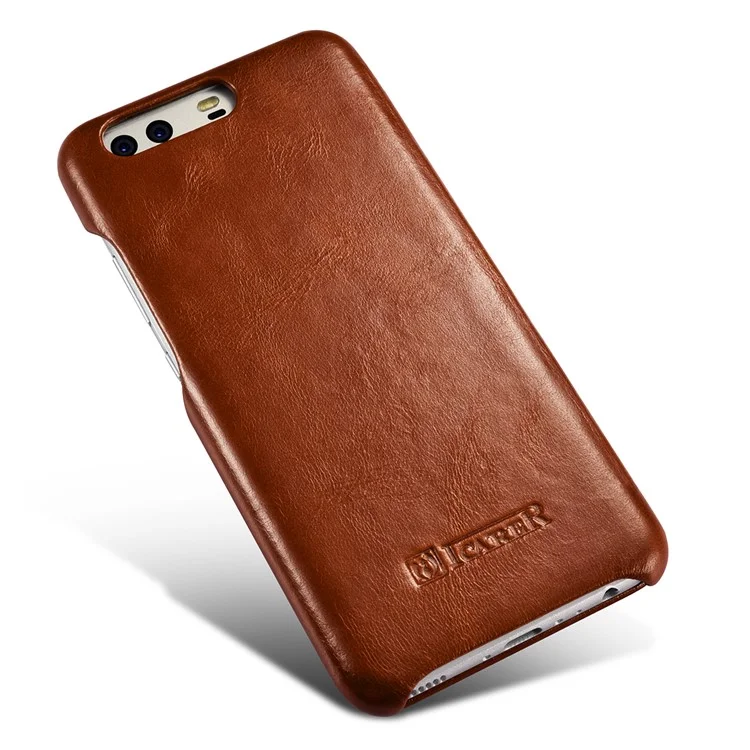 ICARER Curved Edge Vintage Genuine Leather Phone Shell for Huawei P10 Plus - Brown