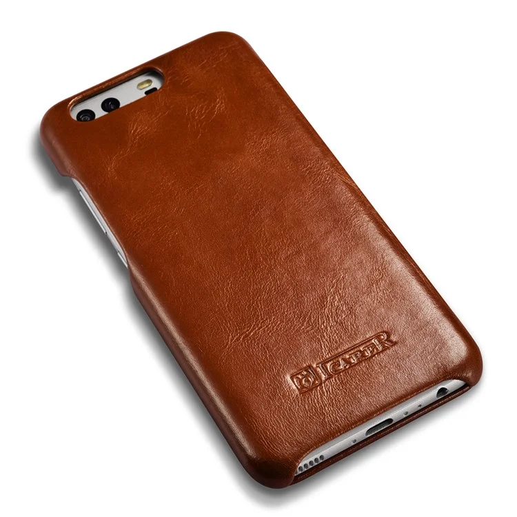 ICARER Curved Edge Vintage Genuine Leather Phone Shell for Huawei P10 Plus - Brown