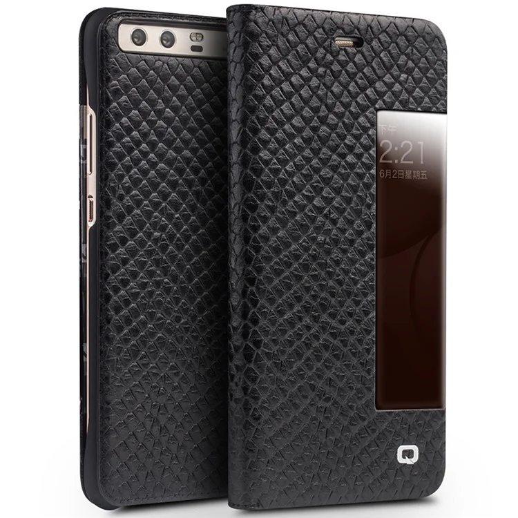 QIALINO Dragon Scale Texture Smart View Window Cowhide Leather Phone Cover for Huawei P10 - Black
