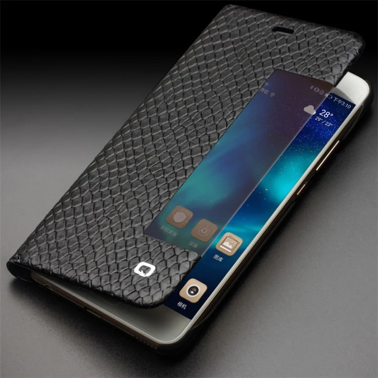 QIALINO Dragon Scale Texture Smart View Window Cowhide Leather Phone Cover for Huawei P10 - Black
