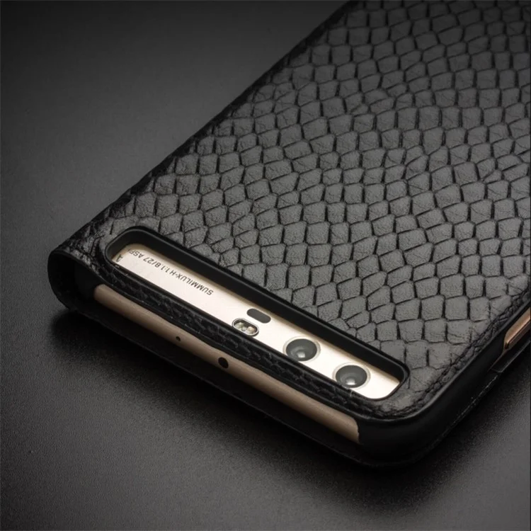 QIALINO Dragon Scale Texture Smart View Window Cowhide Leather Phone Cover for Huawei P10 - Black