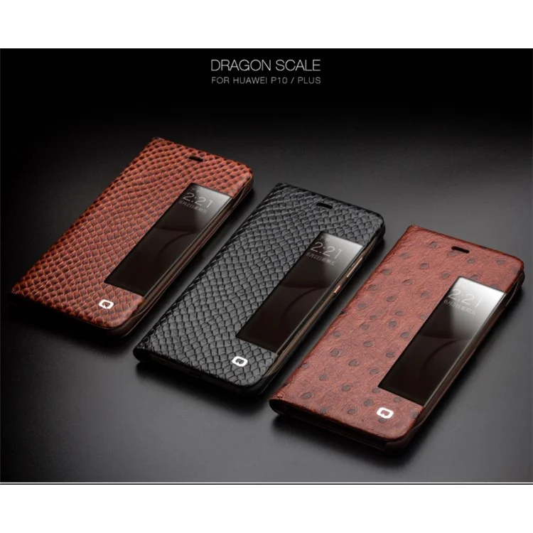 QIALINO Dragon Scale Texture Smart View Window Cowhide Leather Phone Cover for Huawei P10 - Black