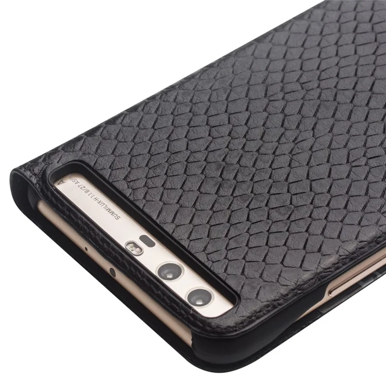 QIALINO Dragon Scale Texture Smart View Window Cowhide Leather Phone Cover for Huawei P10 - Black