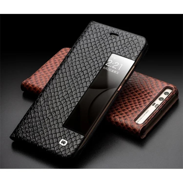 QIALINO Dragon Scale Texture Smart View Window Cowhide Leather Phone Cover for Huawei P10 - Black