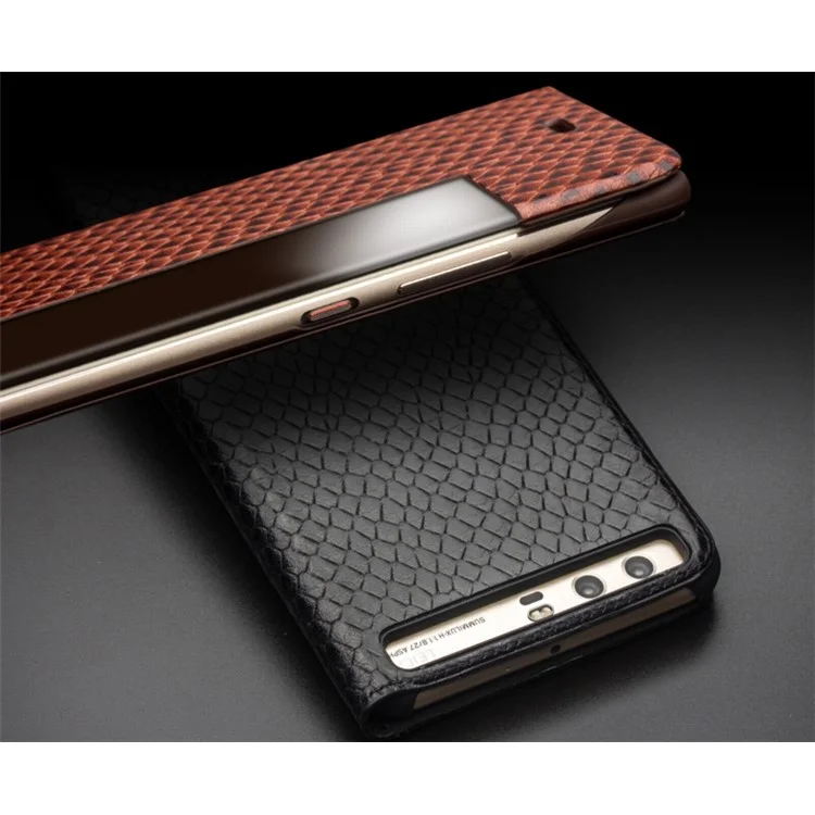 QIALINO Dragon Scale Texture Smart View Window Cowhide Leather Phone Cover for Huawei P10 - Black
