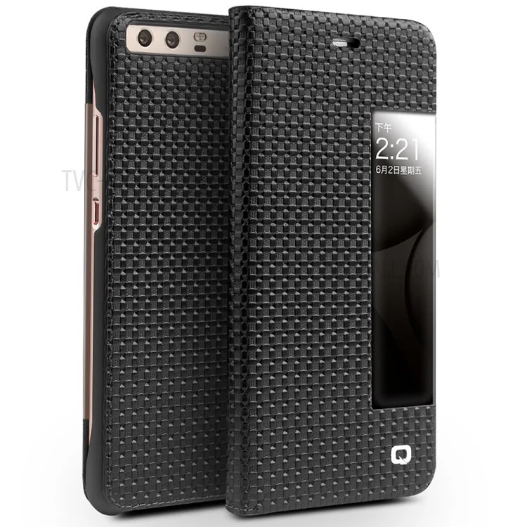QIALINO Gird Pattern Smart View Window Genuine Leather Cover for Huawei P10 - Black
