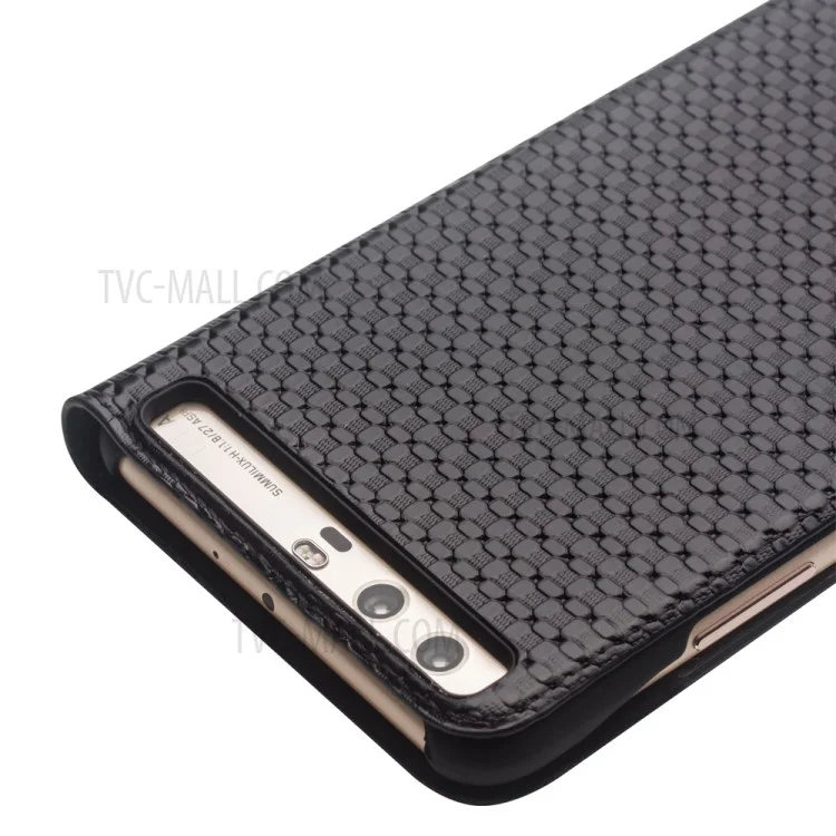 QIALINO Gird Pattern Smart View Window Genuine Leather Cover for Huawei P10 - Black