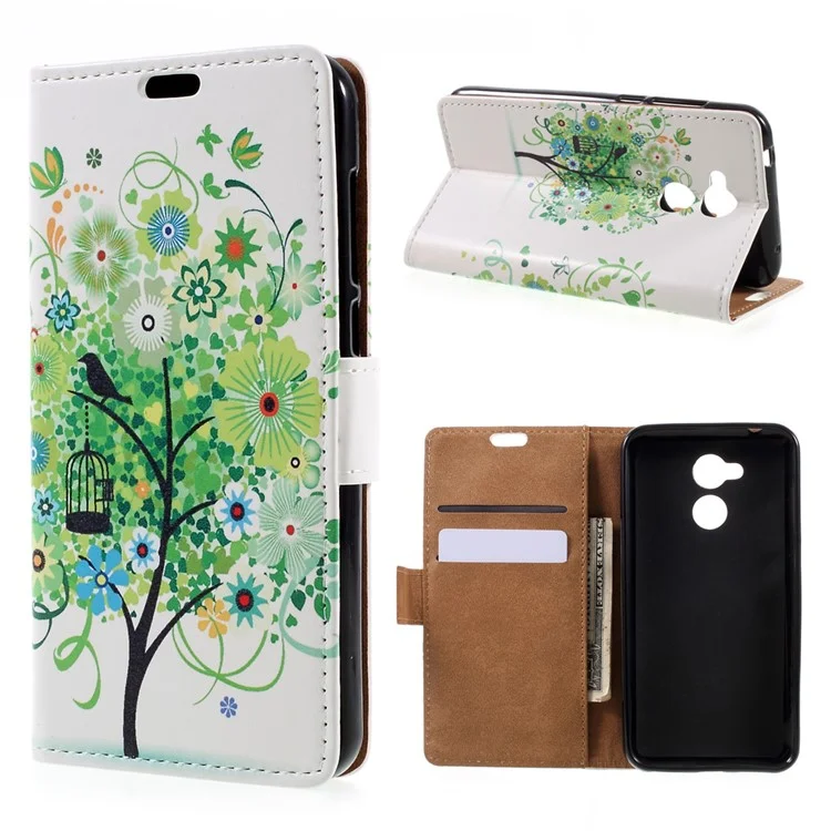 Patterned Wallet Stand Leather Mobile Phone Case for Huawei Honor 6A / Honor 5C pro - Green Flowers Tree Birdcage
