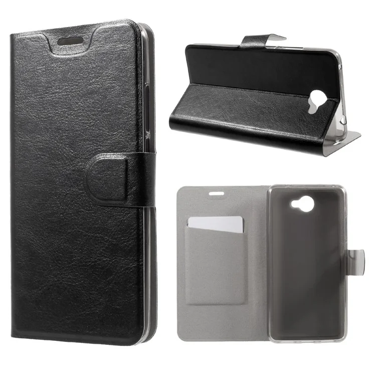 Crazy Horse Grain Flip Wallet Leather Cell Phone Casing Built-in Steel Sheet for Huawei Y7 - Black