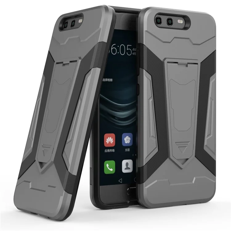 Armor Plastic TPU Cell Phone Casing Cover with Kickstand for Huawei P10 - Grey