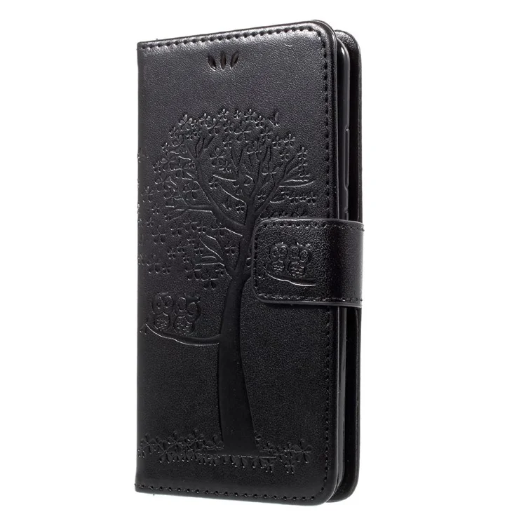 Imprint Tree Owl Magnetic Wallet Leather Stand Case for Huawei P10 - Black