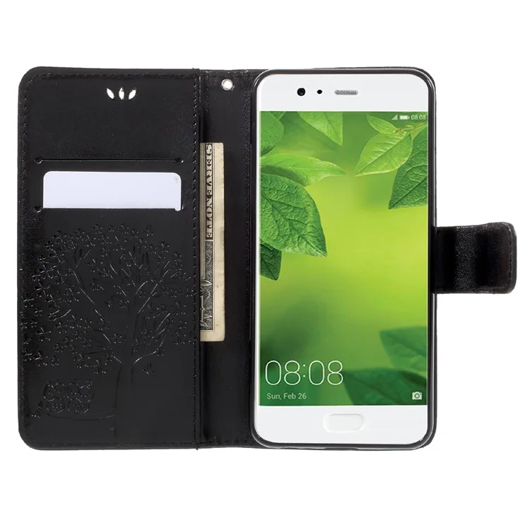 Imprint Tree Owl Magnetic Wallet Leather Stand Case for Huawei P10 - Black