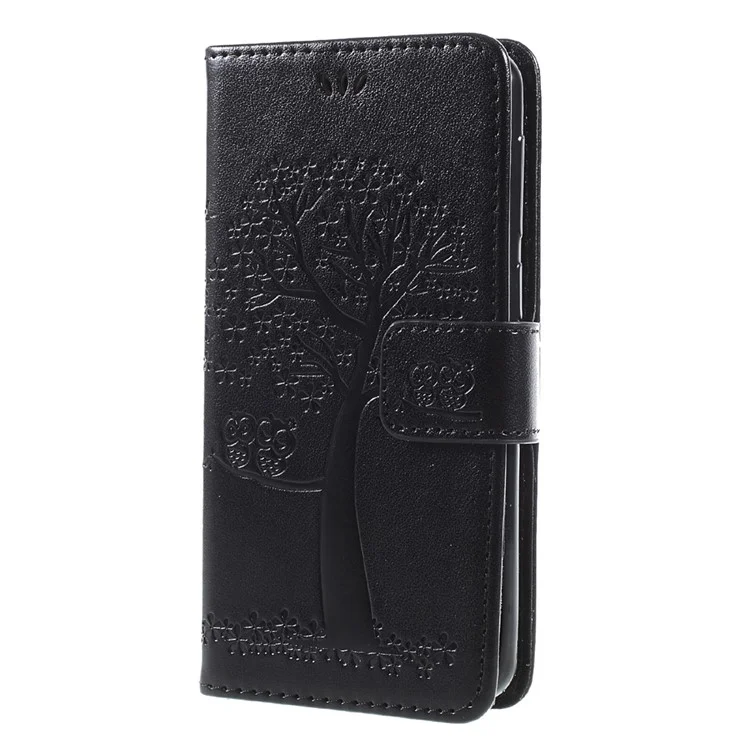 Imprint Tree and Owls Leather Wallet Case with Stand for Huawei P8 Lite (2017) / Honor 8 Lite - Black