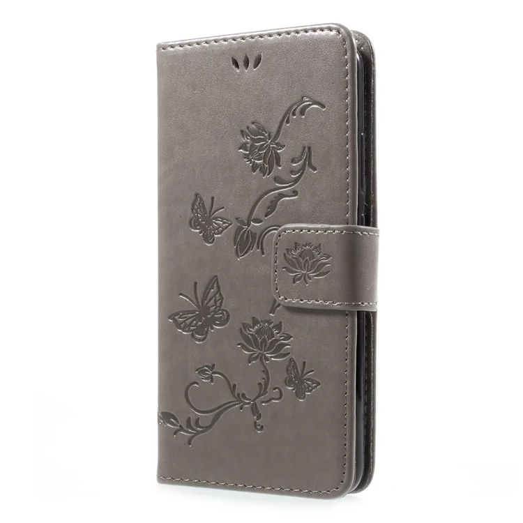 Imprint Butterfly and Flower Leather Wallet Cover with Stnad for Huawei P10 - Grey