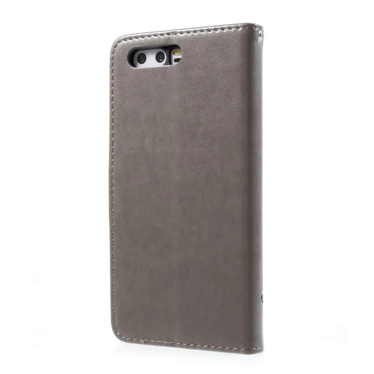 Imprint Butterfly and Flower Leather Wallet Cover with Stnad for Huawei P10 - Grey