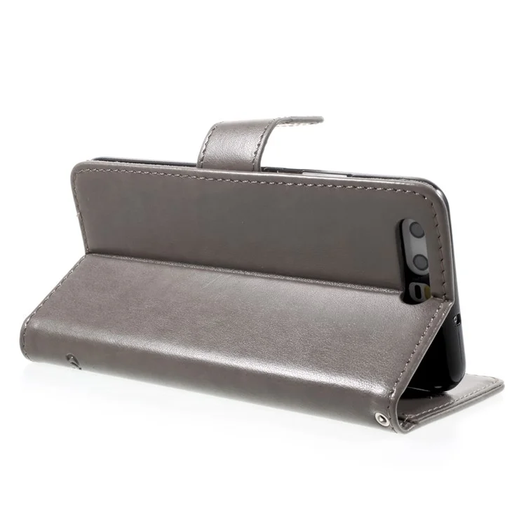 Imprint Butterfly and Flower Leather Wallet Cover with Stnad for Huawei P10 - Grey
