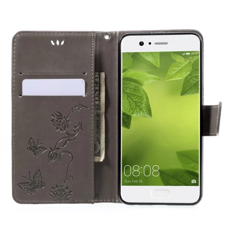 Imprint Butterfly and Flower Leather Wallet Cover with Stnad for Huawei P10 - Grey