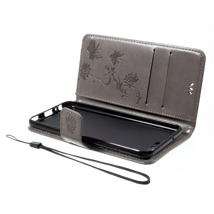 Imprint Butterfly and Flower Leather Wallet Cover with Stnad for Huawei P10 - Grey