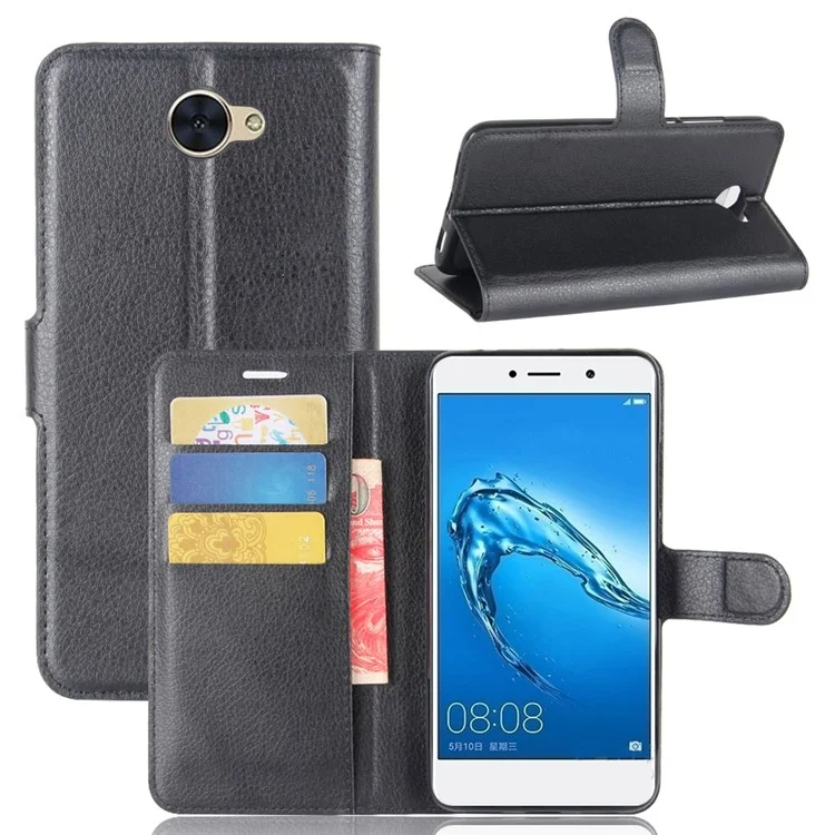 Litchi Texture Leather Wallet Protection Case for Huawei Y7 - Black