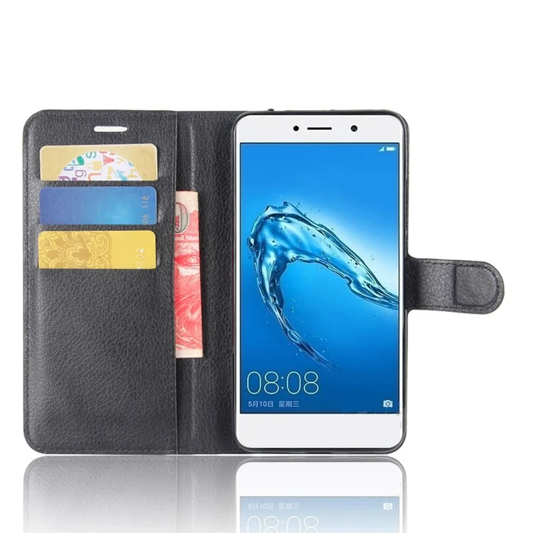 Litchi Texture Leather Wallet Protection Case for Huawei Y7 - Black