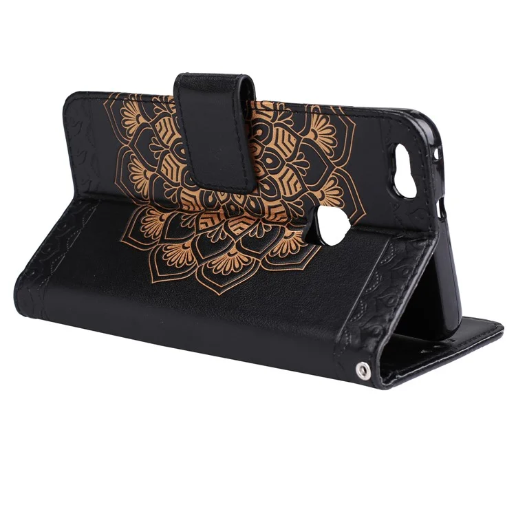 Imprint Henna Lotus Wallet Stand Leather Mobile Casing for Huawei P10 Lite - Black