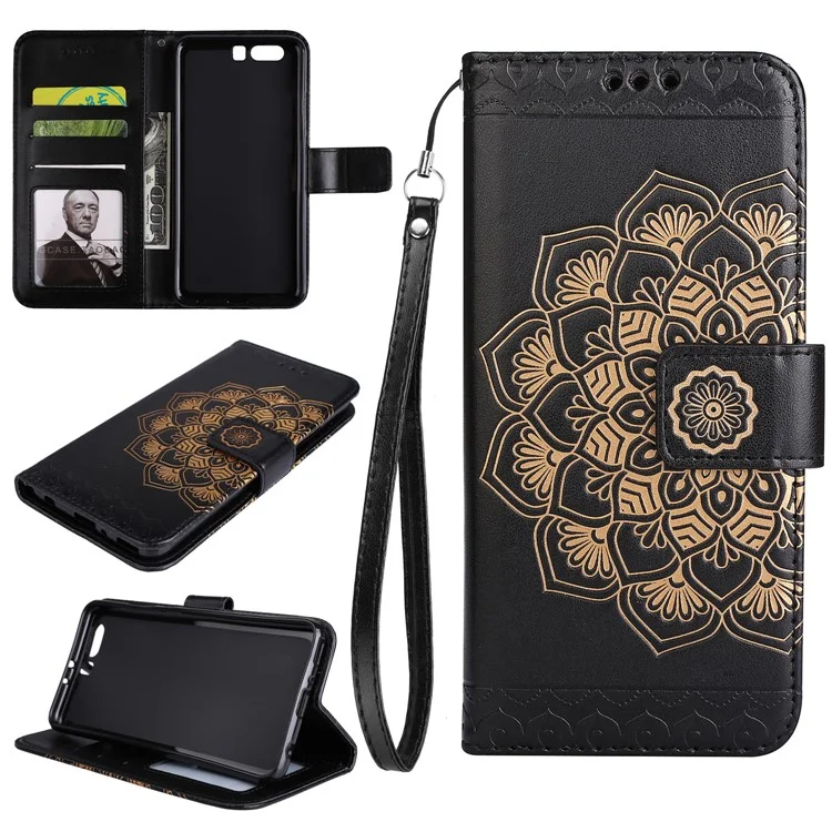 Imprinted Mandala Pattern PU Leather Wallet Cover with Stand for Huawei P10 - Black