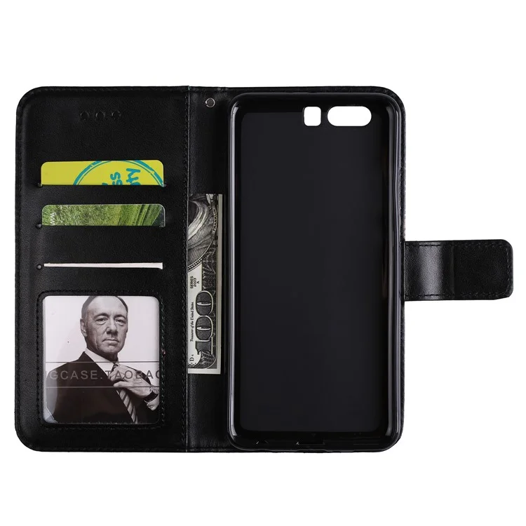 Imprinted Mandala Pattern PU Leather Wallet Cover with Stand for Huawei P10 - Black