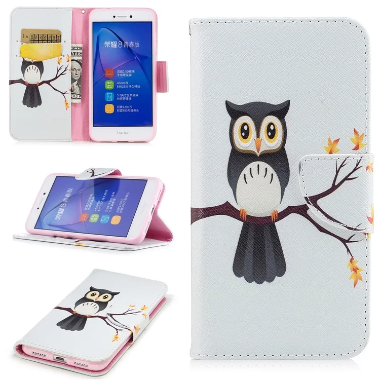 Pattern Printing Magnetic Leather Wallet Phone Casing with Stand for Huawei P8 Lite (2017) / Honor 8 Lite - Owl