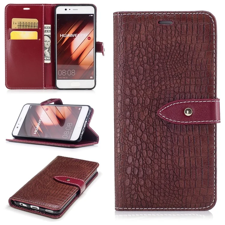 Crocodile Texture Stand Leather Wallet Mobile Phone Cover for Huawei P10 - Wine Red