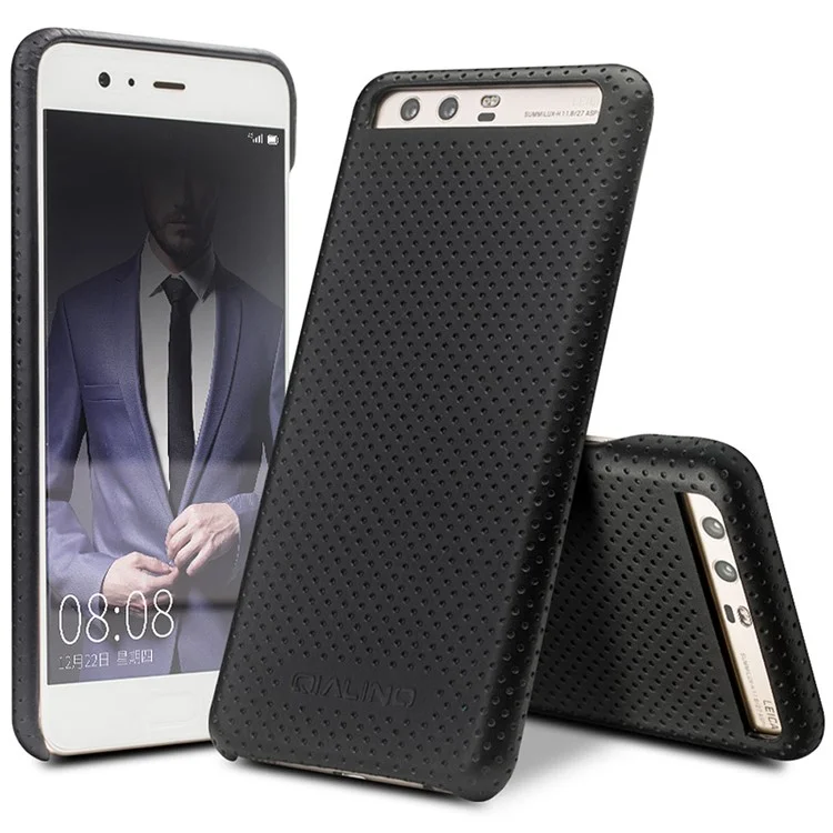 QIALINO Mesh Holes Genuine Leather Skin PC Phone Case for Huawei P10  - Black